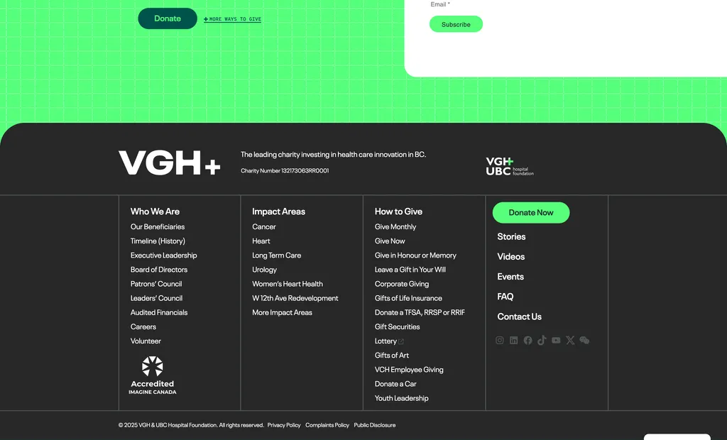 This is a screenshot of the desktop footer for the VGH website