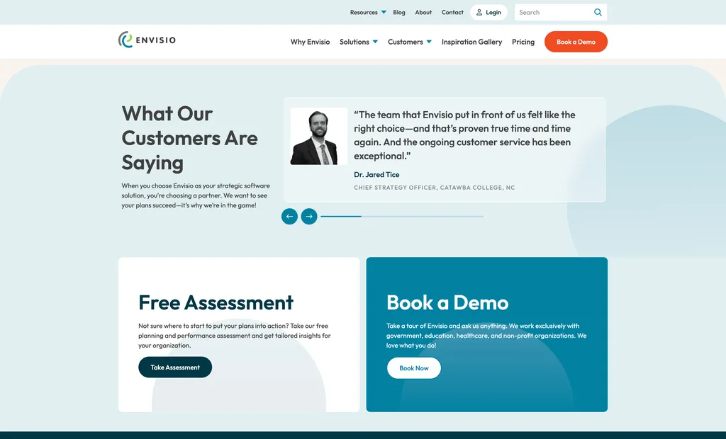 This is a screenshot of the testimonial slider and callout sections for the Envisio website